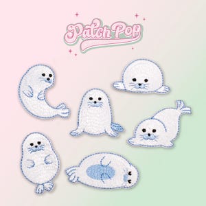 May include: Six white embroidered iron-on patches of seals in various poses. The patches are on a pink and green background with the text "Patch Pop" in a retro font.