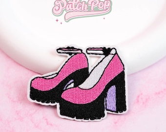 Iron On Pink Platform Heels Patch – Retro Y2K Embroidered for Jackets, Bags