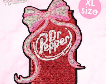 Parche grande con purpurina de lata de Dr Pepper, termoadhesivo, con lentejuelas, para refresco, para chaqueta vaquera, bordado, decorativo, para mochila