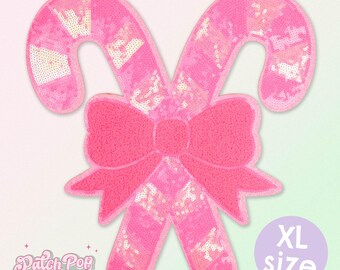 Toppa in ciniglia con paillettes e bastoncino di zucchero rosa grande - Toppa XL con fiocco scintillante natalizio carino