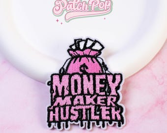 Écusson rose Money Maker Huster thermocollant - Écusson brodé sac d'argent rose pour chef d'entreprise, femme d'affaires et propriétaire de petite entreprise