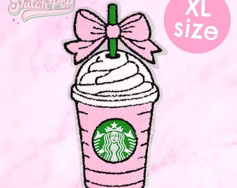 Iron On Big Chenille Pink Starbucks Glittery Patch - Frappuccino Coffee Lover Patch