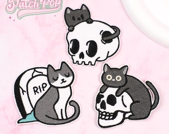 Iron On Spooky Cat Patch, Black Cat Patch, Halloween, Skull, Tombstone, Goth, Witchy, Jacket, Embroidered, Cute Badges, Decorative, Backpack