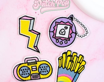 Iron On Y2K Retro Iron On Set of 4 Patch Bundle – Lightning, Tamagotchi, Boombox, Fries