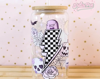 Cute Halloween Pastel Gothic Libbey Glass Cup – 16oz Iced Coffee Cup with Bamboo Lid & Straw