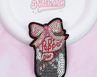 Iron On Sequin Diet Dr Pepper Can Patch - Silver Glittery Soda Can Patch for Bag Denim Hat