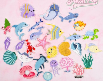 Iron On Cute Ocean Animal Embroidered Patch - Set of 28 Sea Life Whale Dolphin Starfish Crab Under the Sea Patches for Bags Jacket Hat