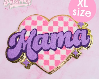 Big Chenille Mama Heart Patch – Pink Checker Heart with Purple Text Oversized Iron On Patch for Sweater Jacket Bag