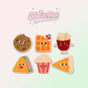 May include: Set of six embroidered iron-on patches featuring various food items with cute faces. The patches include a cookie, waffle, chips, sandwich, popcorn, and a slice of pie.
