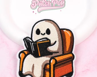 Iron On Reading Ghost Patch, Halloween, Spooky, Cute Ghost, Bookish, Book Lover, Jacket, Embroidered, Cute Badges, Decorative, Backpack