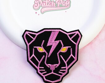 Écusson thermocollant panthère rose noir éclair - Écusson brodé tête de panthère à boulon électrique