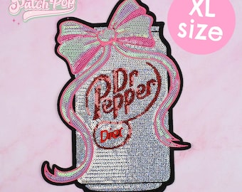 Big Glittery Diet Dr Pepper Silver Can Patch - Iron On Sequin Soda Can Patch for Denim Sweater Bag