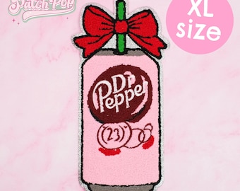 Iron On Pink Dr Pepper Can Chenille Patch - Soda Drink Patch for Bags Jacket Sweater