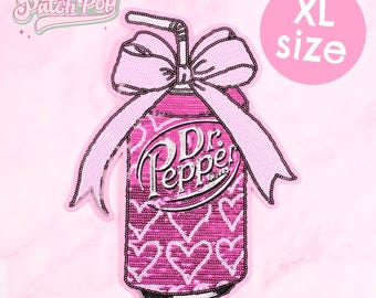 Iron On Big Glittery Pink Dr Pepper Can Patch - Sequin Soda Can Patch for Bags Jacket Sweater