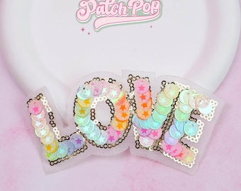Iron On Sequin Rainbow Love Patch - Cute Pastel Sparkly Patch for Jacket Bags Hat Sweater
