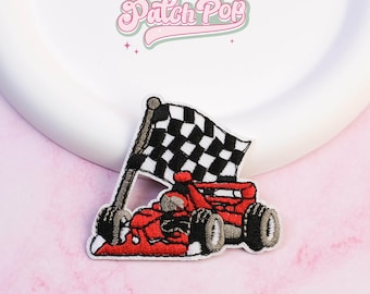 Iron On Race Car Embroidered Patch - Red Race Car Checkered Flag Patch for Boys