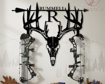 Personalized Deer Skull Archery Bow Hanger，Custom Name ＆ Monogram Hunting-Themed Metal Wall Hook，Out/Indoor Storage Archery Enthusiast Gift
