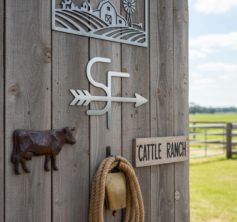 Op de afbeelding: Een rustieke houten muur versierd met metalen boerderijthema-decoraties. Inclusief een koeienbeeldje, een bord met de tekst "CATTLE RANCH", een bel met touw en een metalen pijl-vormig bord. Een metalen uitsnede van een boerderijsc&egrave;ne staat bovenaan.
