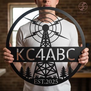 May include: Black metal sign with a circular design featuring a radio tower, lightning bolts, and the letters "KC4ABC." The sign also includes the text "EST.2025" and a forest silhouette at the bottom. The sign is held by a person.