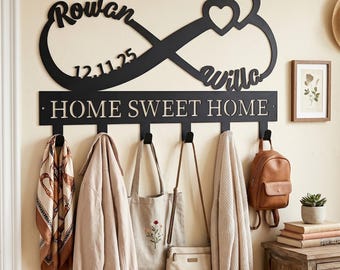 Custom Couple Name Wall Hooks, Infinity Heart Metal Hanger, Home Sweet Home Hooks, Custom Date Entryway Hook,  Anniversary Gift