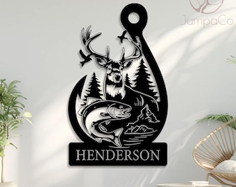 Aangepast metalen bord jagen en vissen: gepersonaliseerde wildernis thuis metalen decor voor mannengrot, uniek handgemaakt vaderdagcadeau, gebruik buiten/binnen