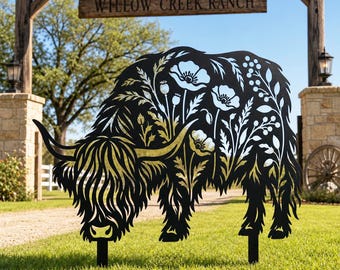 Highland Cow Metal Garden Sign, Floral Cow Yard Art, Farmhouse Outdoor Lawn Decor, Rustic  Farm Sign, Ranch Decor, Gift For Cow Lover