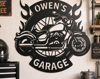 Custom Name Garage Metal Wall Sign, Flame & Motorcycle Silhouette Wall Decor, Man Cave Wall Plaque, Gift For Biker, Father‘s Day Gift