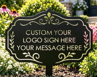 Custom Logo And Text Yard Metal Sign, Vintage Scroll Garden Art, Outdoor Lawn Decor, Housewarming Gift, Front Entryway Stake