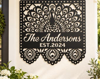 Custom Name Peacock Metal Sign, Papel Picado Style Decor, Front Porch Wall Decor, Elegant Home Entryway Wall Art, Housewarming Gift