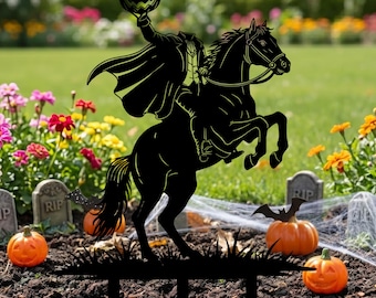 Headless Horseman Metal Garden Stake, Halloween Yard Sign, Halloween Cemetery Stake, Creepy Pumpkin Rider Yard Art, Gift for Halloween Lover