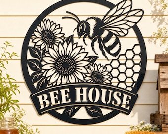 Bee House Metal Wall Art, Sunflower Honey Bee Metal Sign, Farmhouse Garden Decor, Bee Keeper Gift, Outdoor Porch Wall Decor
