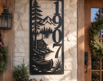 Custom Lake Cabin Metal Address Sign, Mountain Canoe House Number Plaque, Rustic Lodge Wall Decor, Front Porch Decor, Housewarming Gift