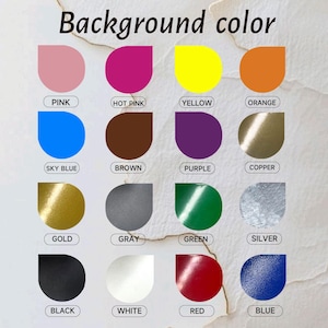 Op de afbeelding: Een kleurenkaart met verschillende achtergrondkleuren. De kaart bevat roze, felroze, geel, oranje, hemelsblauw, bruin, paars, koper, goud, grijs, groen, zilver, zwart, wit, rood en blauw.