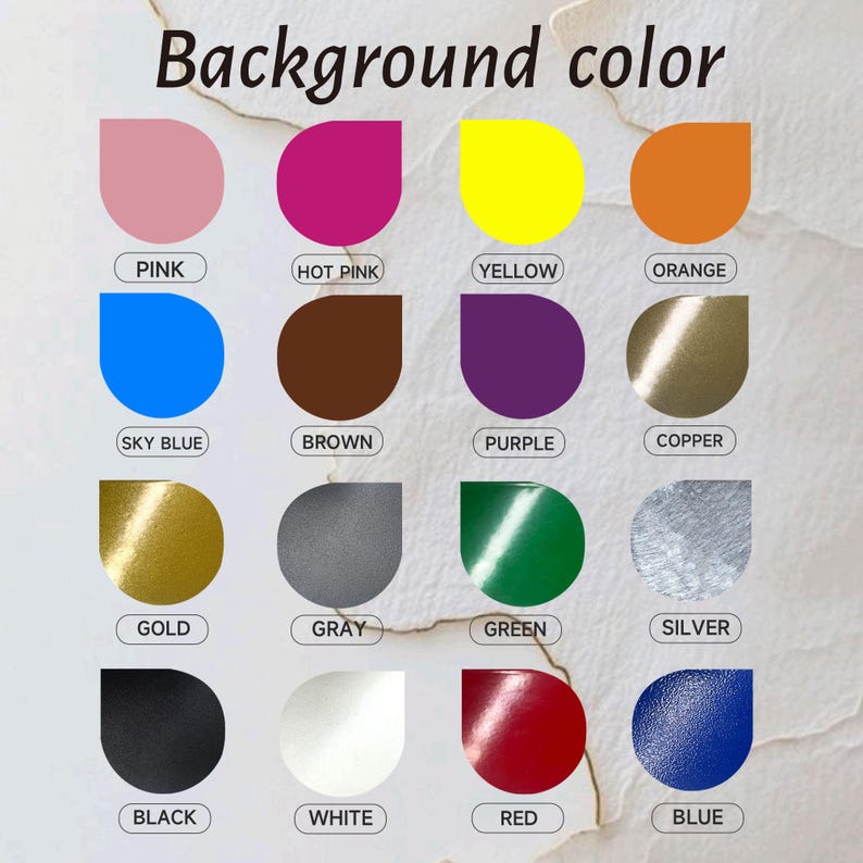 Op de afbeelding: Een kleurenkaart met verschillende achtergrondkleuren. De kaart bevat roze, felroze, geel, oranje, hemelsblauw, bruin, paars, koper, goud, grijs, groen, zilver, zwart, wit, rood en blauw.