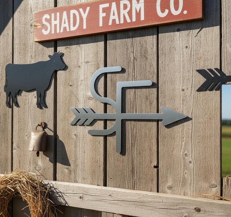 Op de afbeelding: Houten wanddecoratie met een metalen koe-silhouet, een bel en een metalen pijl met de letters "SF". Een rood bord bovenaan leest "SHADY FARM CO.". De decoratie is op een houten muur gemonteerd.