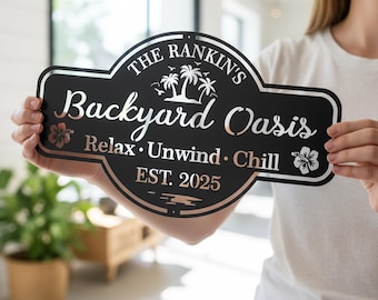 Custom Backyard Oasis Metal Sign, Personalized Patio Decor Oval Decor, Unique Handmade Housewarming Gift,Backyard Decor,Outdoor Leisure Sign
