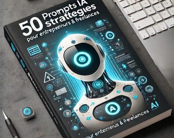 May include: A black book with a white robot illustration on the cover. The book title is "50 Prompts IA Strategies" and the subtitle is "pour entrepreneurs & freelances". The book cover has a blue and white color scheme with a futuristic design.