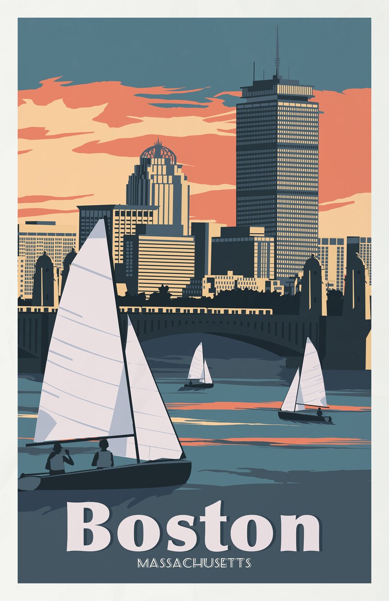 Boston Massachusetts Retro styled Travel Poster | Etsy