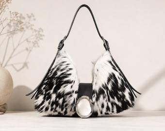 Speckled Cowhide Hobo Bag, Black White Hair-On Purse, Western Shoulder Bag
