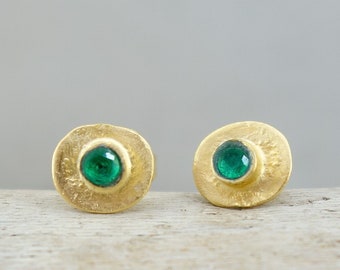 Vintage style gold earrings with tiny green emerald,Gold earrings, Yellow gold,  Gold dainty earrings, Gold stud earrings, Everyday earrings