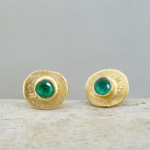 Vintage style gold earrings with tiny green agate,Gold earrings, Yellow gold,  Gold dainty earrings, Gold stud earrings, Everyday earrings