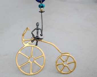 Man on a gold vintage bicycle pendant Bike Rider Pendant 3d jewelry Little man pendant Bicycle jewelry Cyclist gold pendant Bike necklace