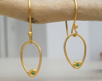 Small gold teardrop earrings with a tiny green emerald, Hoop earrings with stone, Open drop earrings, Simple small everyday earrings