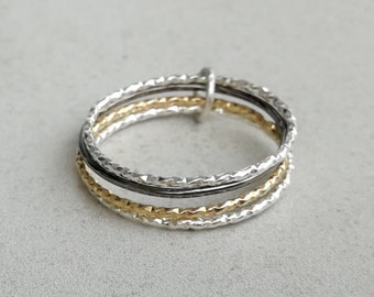 Stacking silver set ring Set of 4 band rings set Multiple band rings 3 different color ring Textured band stacking ring Skinny silver rings