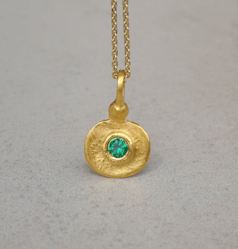 Vintage style gold pendant with tiny green emerald layering necklace, Gold Dainty Necklace, Delicate Pendant, Minimalist Necklace image 2