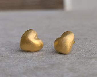 Gold Plated Sterling Silver Heart Earrings, Matte Studs