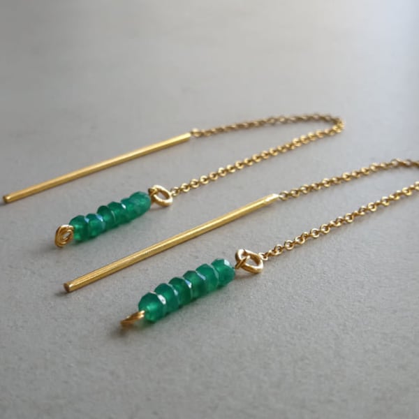 Green Onyx Threader Earrings, Dainty Gemstone Chain Earrings, Long Dangle Earrings, Gifts for Her