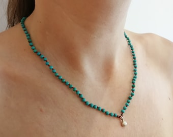 Sterling Silver Turquoise Beaded Necklace - Gemstone Drop Pendant