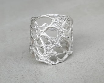 Sterling Silver Filigree Ring, Adjustable Wide Band Statement Ring