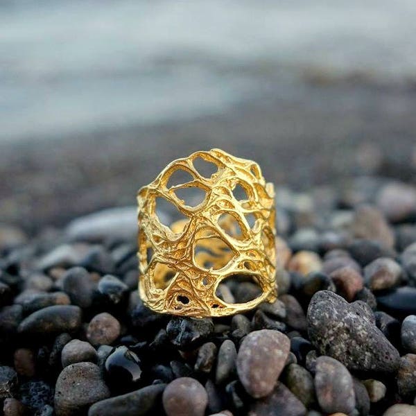 Brede gouden bandring Natuur geïnspireerde ring Grote ring Biologische sieraden Open ring Cadeau voor haar